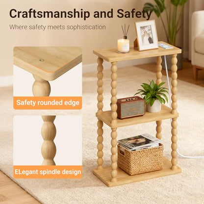 ELYKEN Narrow Side Table with Charging Station, 3-Tier Skinny Bedside Table | Small End Tables Living Room with USB Port and Outlet, Nightstands with Storage Shelf for Bedroom - color: Natural