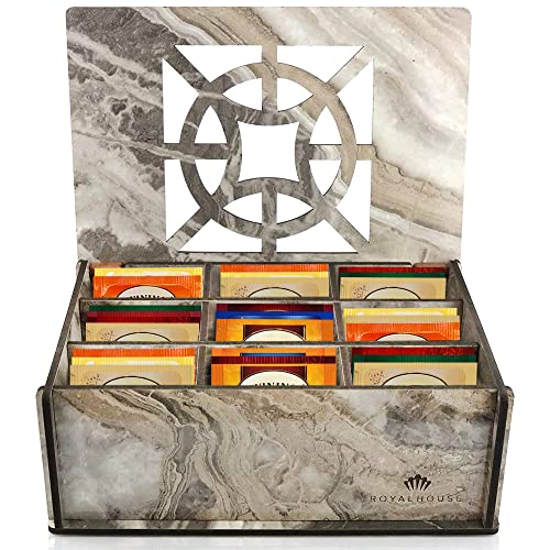 RoyalHouse Premium Wood (Hard MDF) Tea Storage Box Organizer (Grey Marble), Eco-Friendly Multi-Functional Decorative Box, 9 Compartments For Assorted Variety Of Tea Bags and Small Items - color: Gray Marble