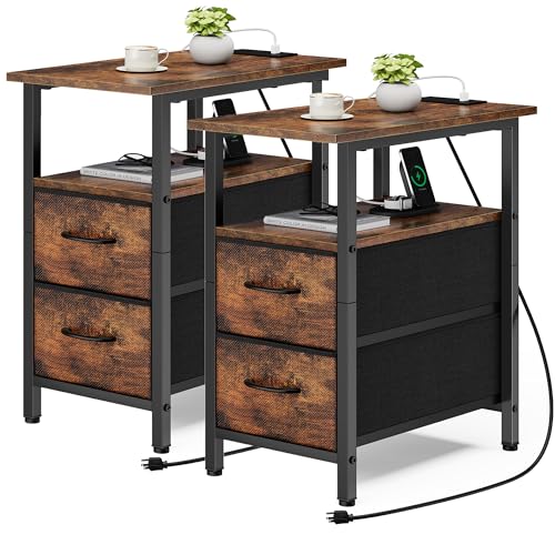Vagusicc End Table with Charging Station Set of 2, Narrow Side Table, 23.8'' Tall Nightstand with 2 Drawers, Small Sofa Side Table Narrow Nightstand for Small Spaces Furniture, Bedroom, Rustic Brown - color: Rustic Brown, size: 2, style: Ordinary