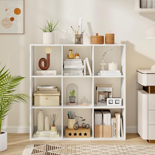 9 Cube Storage Organizer, Floor Standing Bookcase with Open Compartments, Wooden Display Rack for Living Room, Bedroom, Study, White Bookshelf with Open Back (1, 9 Cubes) - size: 9 Cubes