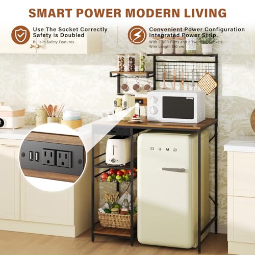CozyDH Bakers Rack with Power Outlet, Kitchen Microwave Pantry Shelf with Storage Shelves, Wood Coffee Bar with Wire Basket and 8 S-Shaped Hooks, Rustic Brown 35.4 Inches