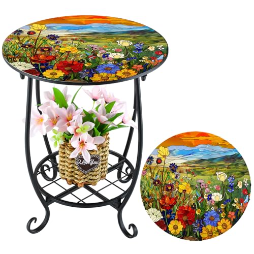 Cinnvoice Outdoor Side Table Round Small Mosaic Patio Accent Indoor End Plant Coffee Tea Table for Yard Patio Porch Garden Living Room, Bedroom(Flower Style,14 Inch) - size: 14 Inch, style: Flower Style
