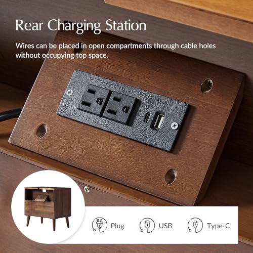 Mid-Century Modern End Table with Charging Station, Open Shelf & Drawer with Velvet-Lined Hidden Compartment, Wood Side Tables with Geometric Panel, Walnut