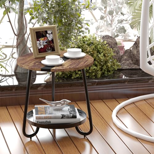 2 Tier Coffee Table in Living Room, Industrial Style Round Coffee Table with Metal Tray, Wood Small Outdoor Coffee Table for Bedroom Balcony Patio, Rustic Brown - color: Rustic Brown
