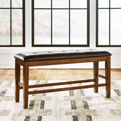 Signature Design by Ashley Upholstered Counter Height Dining Bench, Brown | Space-saving 50-in backless solid wood frame, Plush combination of leather and faux leather cushion, Ralene Series - color: Medium Brown, style: Counter Height Bench