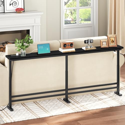 YATINEY 70.9" Console Table with Adjustable Height (27.6"-35.4") and Power Outlet, Skinny Behind Couch Table, Narrow Long Sofa Table for Living Room, Hallway, Entryway, Black CT08UBB - color: Black, size: 70.9"L x 5.9"W x 27.6-35.4"H
