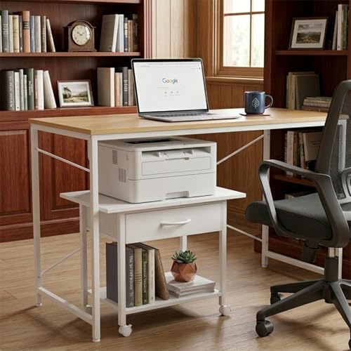22" x 15" Under Desk Rolling Printer Stand, 2-Tier Industrial Mobile Printer Table with Strong Fabric Drawer, Storage Shelf, Steel Frame and Lockable Wheels, Printer Cart for Home Office (White) - color: White