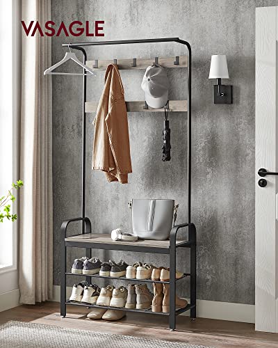 VASAGLE Coat Rack, Hall Tree with Shoe Bench for Entryway, Entryway Bench with Coat Rack, 4-in-1, with 9 Removable Hooks, a Hanging Rod, 13.3 x 33.1 x 72.1 Inches, Greige and Black UHSR400B02 - color: Greige + Black, size: 33.1"W