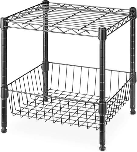 Whitmor 2 Tier Metal Storage Shelves, Heavy Duty Shelf with Basket, 350 lbs Capacity per Shelf, 700 lbs Total, Home Organizer for Kitchen, Garage, Bathroom, 15" L x 14" W x 15" H, Black - color: Black, size: 2-TIER,15"L x 14"W x 15"H(With Basket)