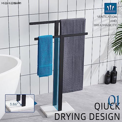 KOKOSIRI Bathroom Towel Racks 2-Tier Standing Towel Bars with Marble Base, Stainless Steel Freestanding Towels Holder, Thicken Steady Design, Matte Black THS0003-BK - color: Matte Black