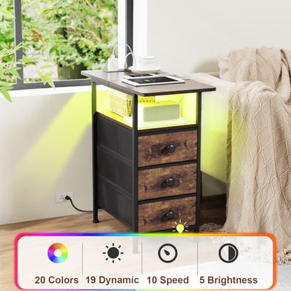AMHANCIBLE Narrow End Table Living Room with Charging Station, Slim LED Nightstand with Fabric Drawers, Skinny Side Table for Bedroom, Small Spaces, Couch, Rustic Brown, HETN013LBR-1 - color: Brown, style: LED Light & Power