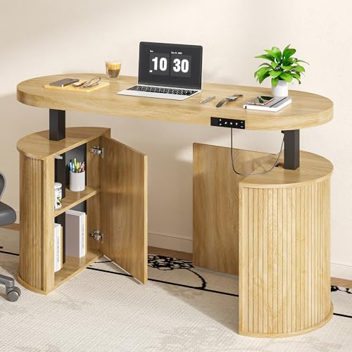 Mid Century Modern Electric Standing Desk with Storage, 55 x 22 Inch Small Sit Stand Up Desk, Wood Adjustable Height Computer Executive Desk for Home Office, Laptop, Oak - color: Wood
