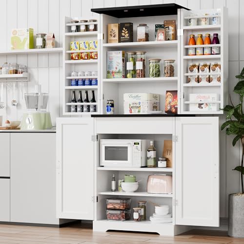 Vongrasig Kitchen Pantry Storage Cabinet with Barn Doors, Drawer and Adjustable Shelves, 6-Tier Tall Rustic Wood Cupboard Locker for Kitchen, Dining Room, Living Room, Bathroom, (White) - color: White