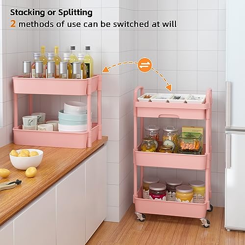 Calmootey 3-Tier Rolling Utility Cart with Drawer,Multifunctional Storage Organizer with Plastic Shelf & Metal Wheel,Storage Cart for Kitchen,Bathroom,Living Room,Office,Pink | Space-Saving Organizer, Sturdy Plastic Shelves, Smooth-Rolling Metal Wheels, B