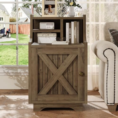 4ever2buy Oak Nightstand with Storage, 30" Tall Night Stand with Hutch | Farmhouse Tall Bedside Table End Table for Bedroom Living Room Sofa Office, Oak - color: Oak