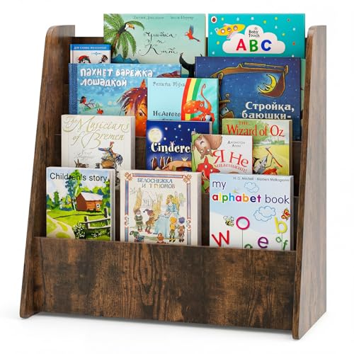 Costzon 5-Tier Kids Bookshelf, Wooden Children Bookcase, Toddler Book Rack, Magazine Storage & Display Shelf, Book Shelf for Kids Room, Living Room, Nursery, Classroom (Brown, 4 Tier) - color: Brown, size: 4 Tier