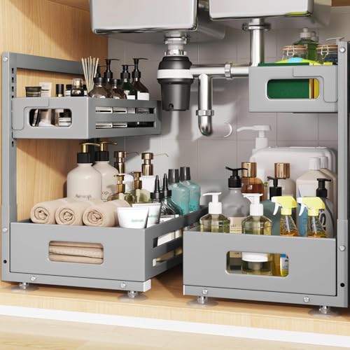 2 Pack Under Sink Organizer,Pull Out Cabinet Organizer With Smooth Cylindrical Rail,Metal Slide Out Drawer for Kitchen Bathroom Laundry Cabinet,8-Level Tool Free Height Adjustable-Gun Gray - color: Gun Gray, size: 2 Pack-15"Dx9.5"-16.7"H