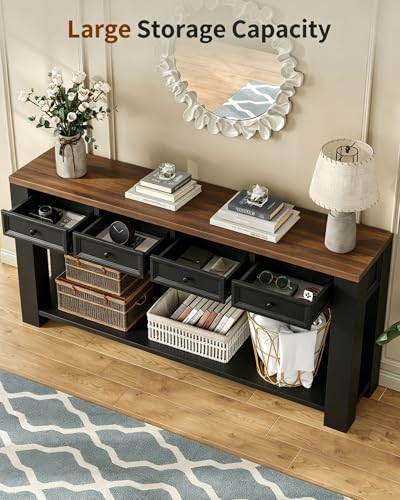 FUSOU 63 Inch Console Table, Sofa Table Behind Couch, Entryway Table with 4 Drawers & Open Shelf, Farmhouse Sofa Table for Living Room (Black) - color: Black