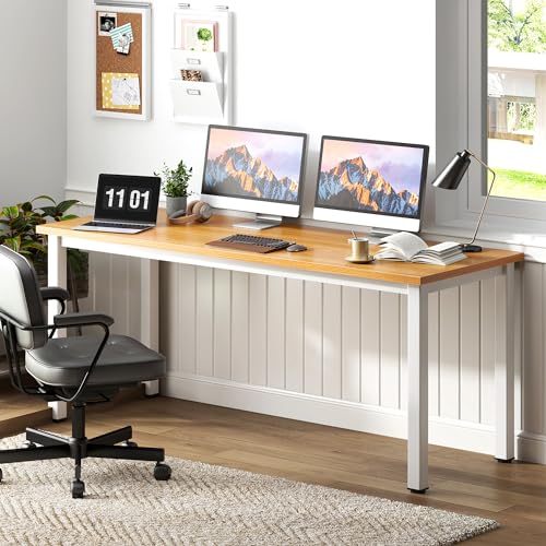 Need 63 Inch Large Computer Desk, Ample Legroom, Teak Top White Metal Frame | Home Office Desk, Basic Sturdy Writing Table, Adjustable Feet, Water-Resistant, Dorms & Bedrooms, Easy Assembly, Game & Study - color: Teak & White, size: 63 inches