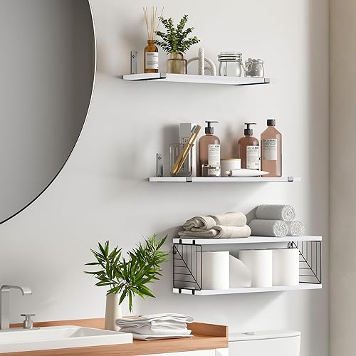 Fixwal 3+1 Tier Bathroom Floating Shelves Over Toilet, White | White Wood Shelf Set with Toilet Paper Storage Basket, Natural Finish, 40Lb Weight Limit, Quick Mount, Versatile - color: White