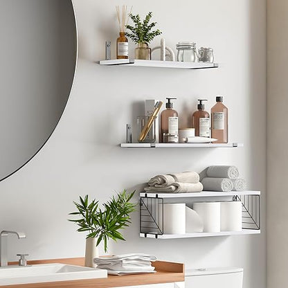 Fixwal 3+1 Tier Bathroom Floating Shelves Over Toilet, White | White Wood Shelf Set with Toilet Paper Storage Basket, Natural Finish, 40Lb Weight Limit, Quick Mount, Versatile - color: White