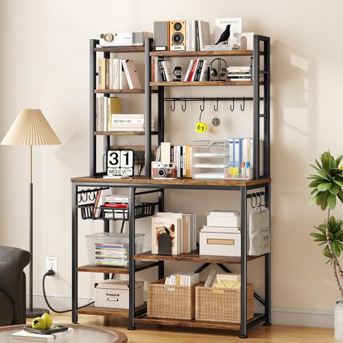 SNTD 6-Tier Bakers Rack with Power Outlets, 36 x 14.6 x 72 in, Rustic Brown | Large Capacity for Small Appliances, Stable Metal Frame with Wood Shelves, Pull-Out Basket, 14 Hooks - color: Rustic Brown