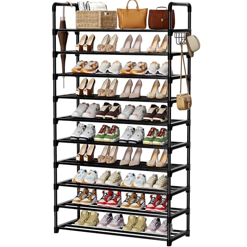 Shoe Rack, 10 Tier Shoe Storage Organizer with Hooks,Fit 40-45 Pairs Shoes,Metal Tall Shoe Shelf for Closet,Entryway, Hallway,Garage,Bedroom,Cloakroom - color: Metal, size: X-Large