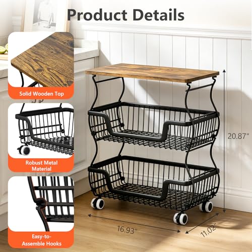 3-Tier Rolling Kitchen Storage Cart Fruit Basket Stand for Vegetables & Snacks Stackable Wire Pantry Floor Organizer with Wheels for Kitchen, Living Room, Bedroom, Office (Black) - size: 3-Tier