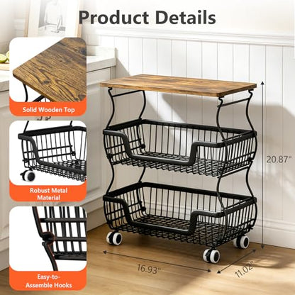 2 Pack 3-Tier Rolling Kitchen Storage Cart Fruit Basket Stand for Vegetables & Snacks Stackable Wire Pantry Floor Organizer with Wheels for Kitchen, Living Room, Bedroom, Office (Black) - size: 3-Tier 2 Pack
