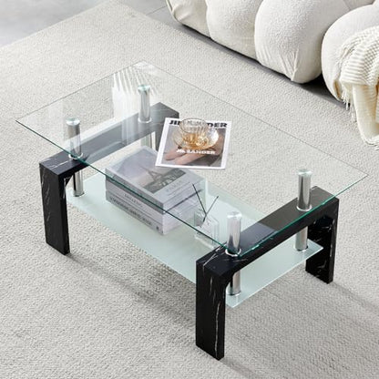 Living Room Rectangle Coffee Table, Tea Table Suitable for Waiting Room, Modern Side Coffee Table with Wooden Leg, Glass Tabletop with Lower Shelf, Black Marble Leg. - color: Black Leg