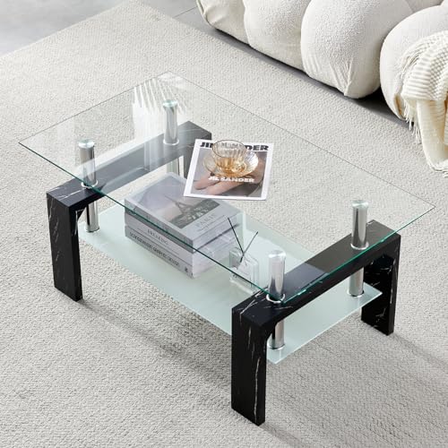 Living Room Rectangle Coffee Table, Tea Table Suitable for Waiting Room, Modern Side Coffee Table with Wooden Leg, Glass Tabletop with Lower Shelf, Black Marble Leg. - color: Black Leg