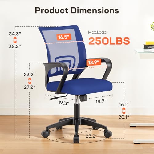BestOffice Ergonomic Office Chair | Mid-Back Swivel Desk Chair | Blue | with Lumbar Support, Adjustable Height & Breathable Backrest | Sponge Seat & Rolling Wheels | for Home, Office | Pack of 1 - color: Blue, style: pack of 1