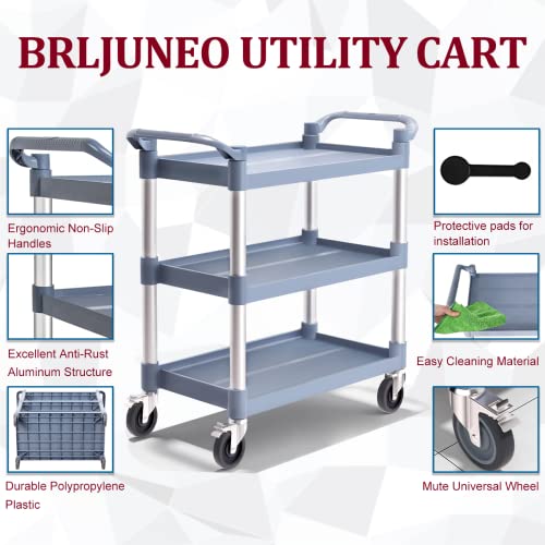 Plastic Utility Carts with Wheels, 3-Tier Medium Size Restaurant Food Cart, Heavy Duty 510lbs Capacity Rolling Service Cart w/Hammer for Commercial, Kitchen, Office (Lockable Wheels, M-Grey)