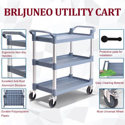 Plastic Utility Carts with Wheels, 3-Tier Medium Size Restaurant Food Cart, Heavy Duty 510lbs Capacity Rolling Service Cart w/Hammer for Commercial, Kitchen, Office (Lockable Wheels, M-Grey)