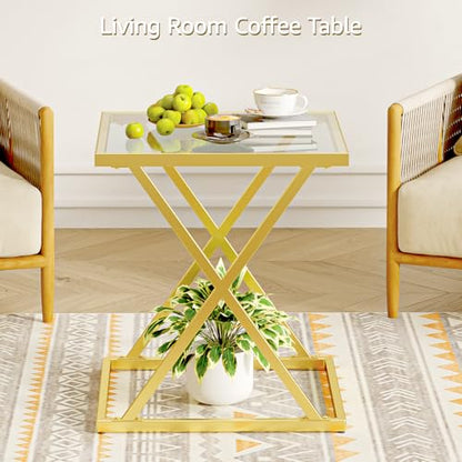 Square End Table with Tempered Glass Top, Stylish X-Shaped Metal Frame, Living Room Coffee Table, Sofa Side Table, Accent Tables for Small Spaces, Modern Bedside Table for Bedroom (Gold) - color: Gold, style: Style 3
