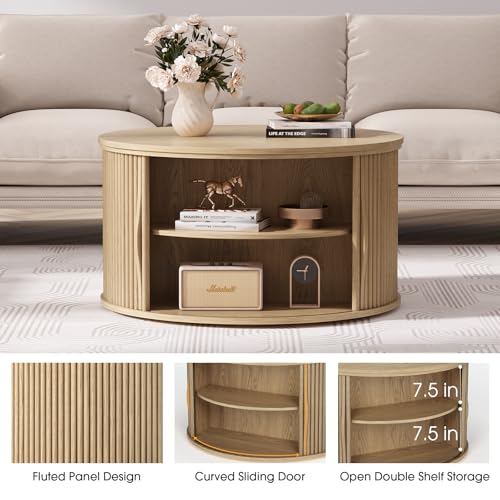 JOINICE Round Lift Top Coffee Table with Storage for Living Room,Oak | 31.5" Drum Design,Hidden Storage&Open Shelf,Boho Fluted Center Table for Small Apartments,Easy Assembly,Up to 150 lbs