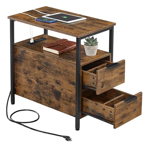 VASAGLE Side End Table with Charging Station, Slim Nightstand with 2 Drawers, Narrow Bedside Table for Living Room, Small Spaces, Rustic Brown and Ink Black ULET321B01V1S - color: Rustic Brown + Ink Black, size: 23.6"D x 11.8"W