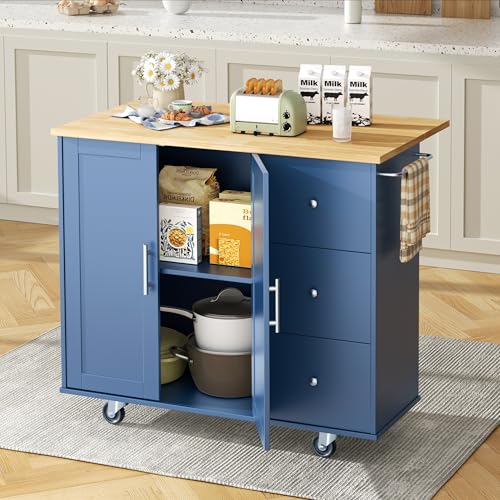 Shintenchi Kitchen Island with Folding Drop Leaf, Rolling Island Table with Storage, Kitchen Cabinet on Wheels with Seating Area for Kitchen, Bar Cart with Cabinet, Blue - color: Blue