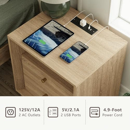 FORTUNETEC Nightstand with Charging Station, Mid Century Modern Nightstand with Wood Grain Texture, Boho End Table with Drawers Storage, Bedside Table for Bedroom Living Room Office, White Oak - color: White Oak, style: set of 1