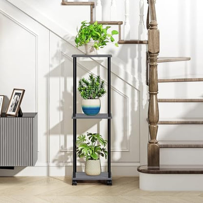 HAYOFAMY 3 Tier Oak Grey Plant Stand Indoor with Wheels 37.2” Tall | Movable Plant Shelf, Metal Wood Multiple, Flower Pot Holder for Living Room Office Balcony Patio