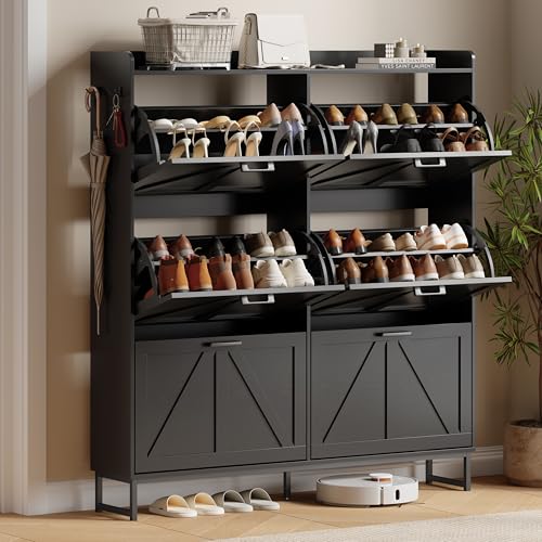 Xixini Shoe Storage Cabinet with 6 Flip Drawers, Entryway Shoe Rack, Black | Narrow Slim Shoe Storage, Freestanding Hidden Wood Shoe Organizer, Modern Farmhouse, Open Storage & Hooks for Closet, Hallway - color: Black, size: 6 Flip Drawers