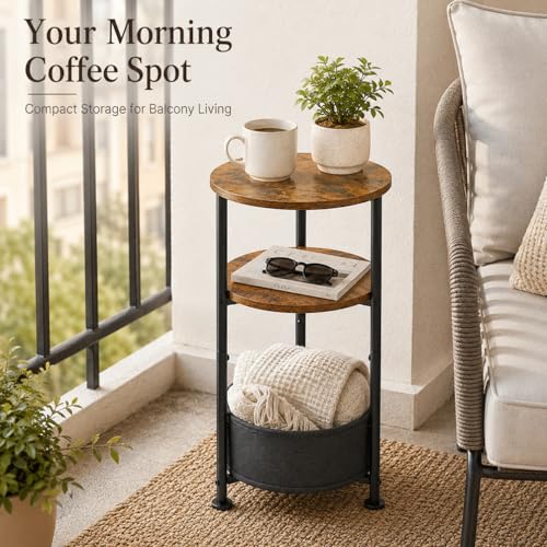 Small Round Side Table with Storage Basket, 3-Tier Narrow End Table Nightstand for Living Room Bedroom, 11.8" Diameter Modern Bedside Table for Small Spaces, Wood Grain & Metal Frame (Rustic Brown) - color: Rustic Brown