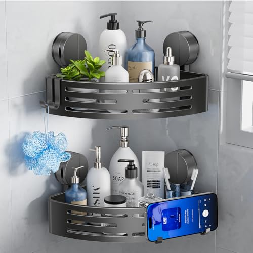 Suction Cup Shower Caddy,No Drilling Corner Shower Shelves Heavy Duty,Shower Organizer with Hooks,Rustproof Waterproof Space Aluminum Bathroom Storage,Home Accessories Decor - color: Corner-2pcs-high