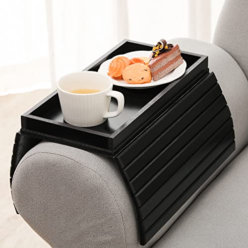 GEHE Bamboo Sofa Arm Tray, Foldable Couch Arm Tray Side Table, Anti-Falling Armrest Tables Cup Holder for Snacks, Drinks, Beers, Phone, Control, Flexible and Portable, Anti-Slip Bottom - color: Black