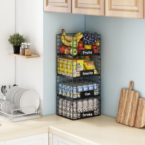 JKsmart 4 Pack XL Stackable Wire Baskets with Name Plates, Pantry Organizers and Storage - size: XL-12.2"x9.85"x28.65"