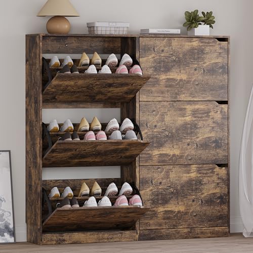 BORNOON Shoe Cabinet with 6 Flip Drawers, Slim Narrow Shoe Storage Cabinet, Freestanding Shoe Organizer for Entryway, Hallway, Foyer - color: Brown, size: 6 Drawers