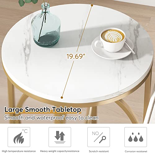 Tribesigns Round End Table, 20" Modern Sofa Side Table with Gold Base, Faux Marble Accent Table Bedside Table Nightstand for Living Room, Bedroom, White and Gold - color: White and Gold, size: 1-PC