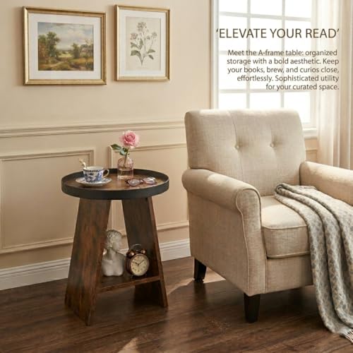 Round End Table with Tray Top, 2-Tier Rustic Side Table with Storage Shelf, Modern Farmhouse Industrial Wood Nightstand for Living Room, Bedroom, Small Spaces (Rustic Brown) - color: Rustic Brown