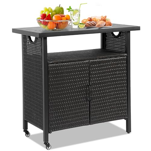 HOMEFUN Outdoor Bar Table Featuring Storage Cabinet: Wheeled Patio Serving Carts, Wicker Grill Cart Prep Station & Rolling Kitchen Island for Patio, Backyard and Outside Use, in Black - color: 03-black