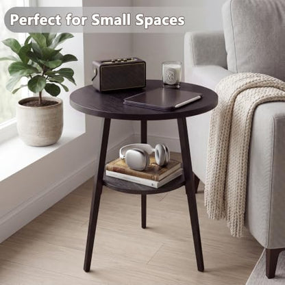 Small Round Side Table, End Tables Living Room, Black | 2-Tier Side Table with Storage Shelf for Small Spaces, Bedside Accent Table for Living Room, Bedroom, Metal Frame & Wood Top - color: Black Ash